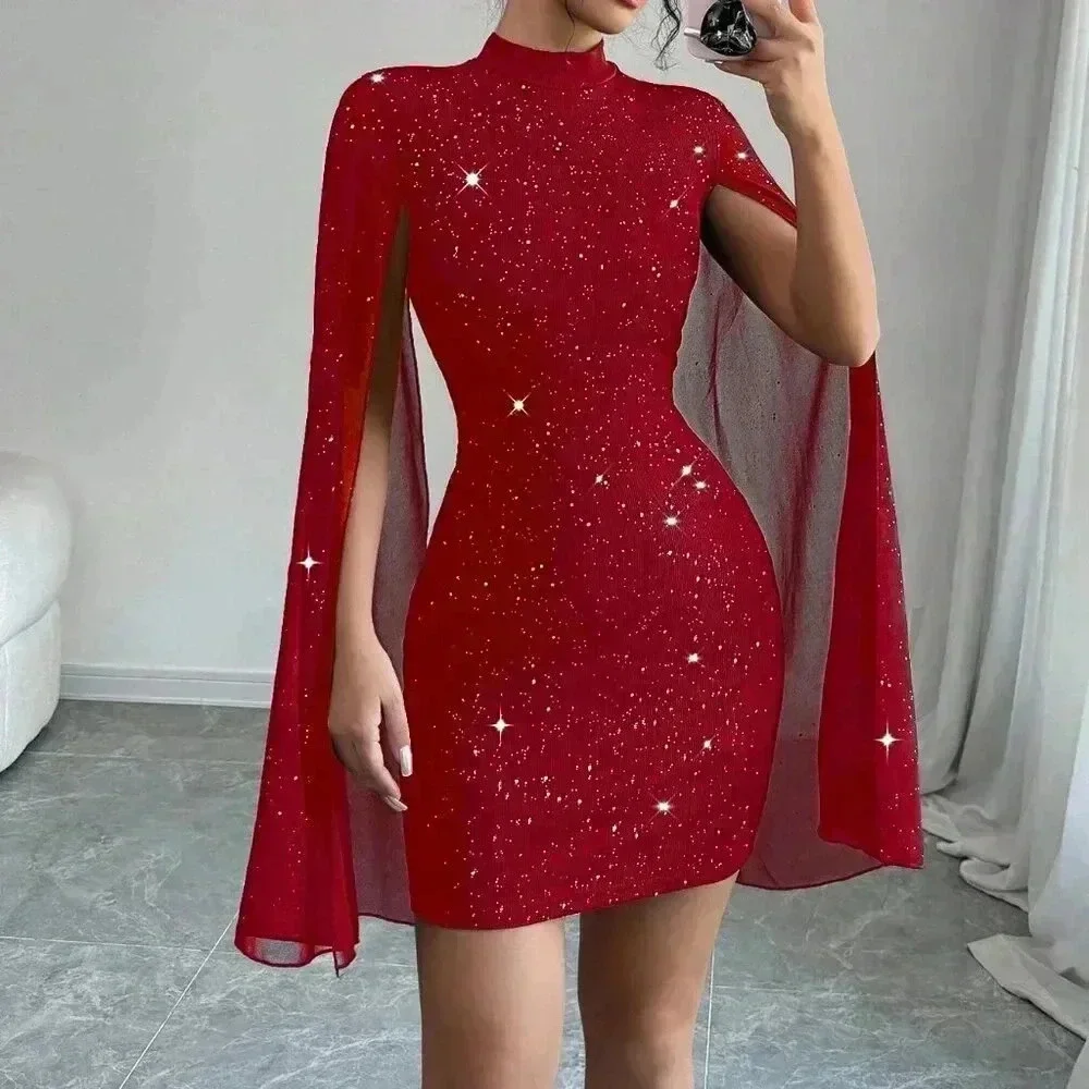 Red Party Women's Fitted Short Casual Mock Neck Flared Sleeve Bodycon Dress